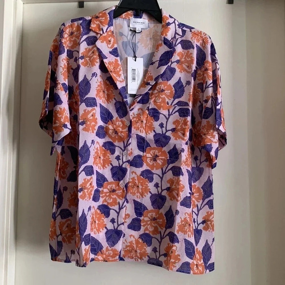 NWT WHO WHAT WEAR Women's Resort Shirt - Pressed Floral - Lilac/Marigold- Size M - Picture 5 of 10